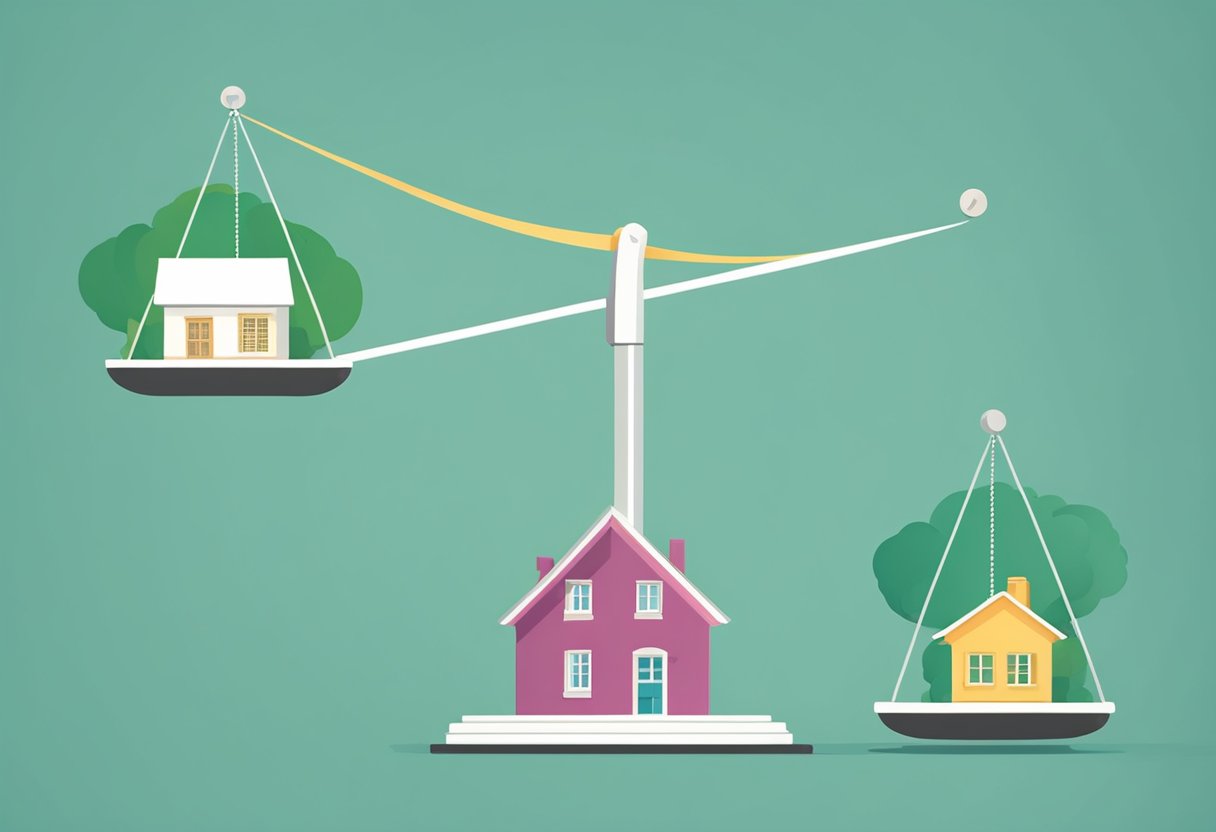 A scale with retirement savings on one side and a paid-off house on the other, with a question mark hovering above, symbolizing the dilemma of choosing between the two options