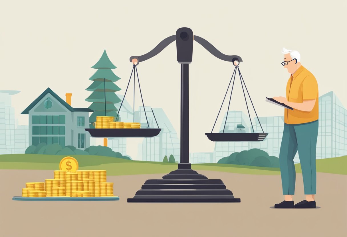 A scale with "retirement savings" on one side and "house payment" on the other, with a thoughtful person standing between them
