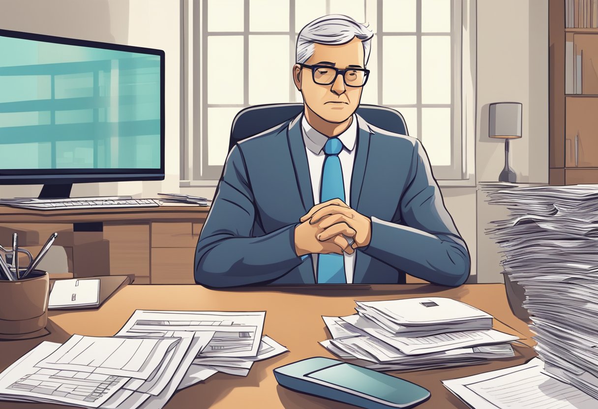 A person sits at a desk, pondering between saving for retirement or paying off their house. A stack of financial documents and a calculator are spread out in front of them