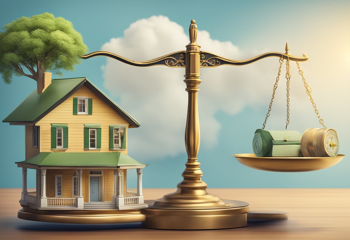 A scale with a house on one side and a retirement fund on the other, with a question mark hovering above
