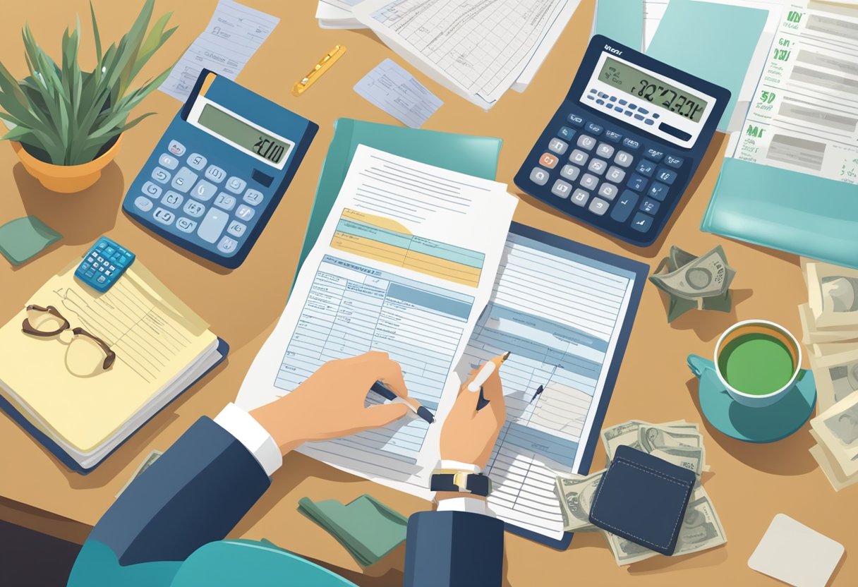 A person calculating 401k contributions at a desk with a calculator and retirement savings plan documents spread out in front of them