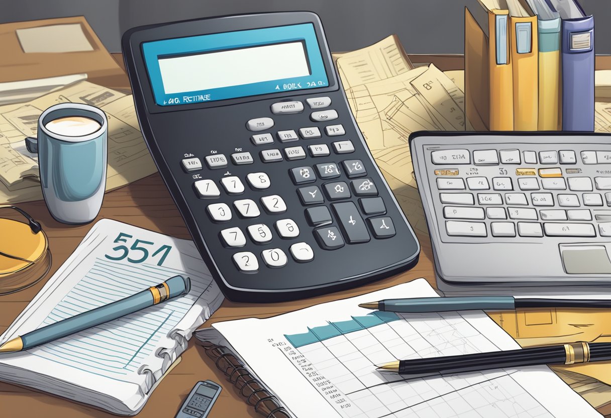 A calculator with the numbers "401k," "55," and "retire" displayed prominently, surrounded by financial planning books and charts