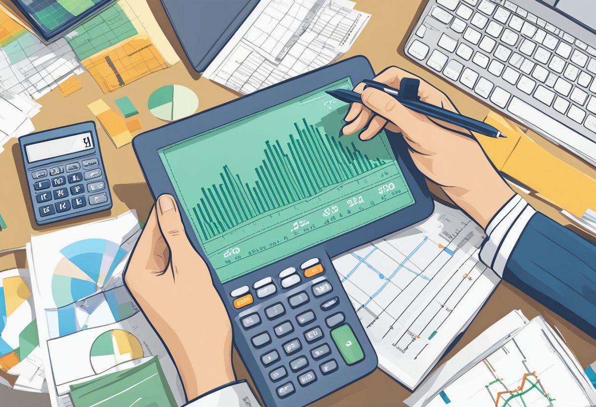 A person researching 401k contributions, surrounded by financial charts and graphs, with a calculator and pen in hand