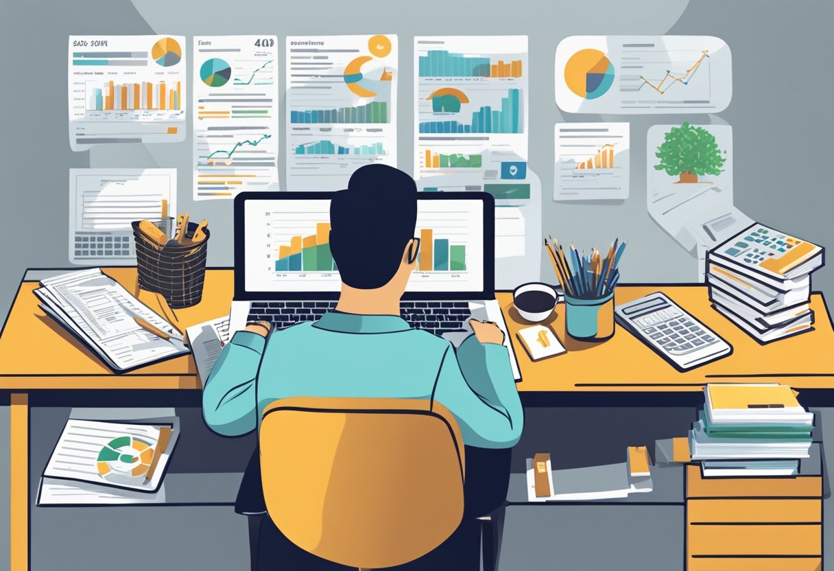 A person calculating 401k contributions at a desk with tax forms and retirement savings charts