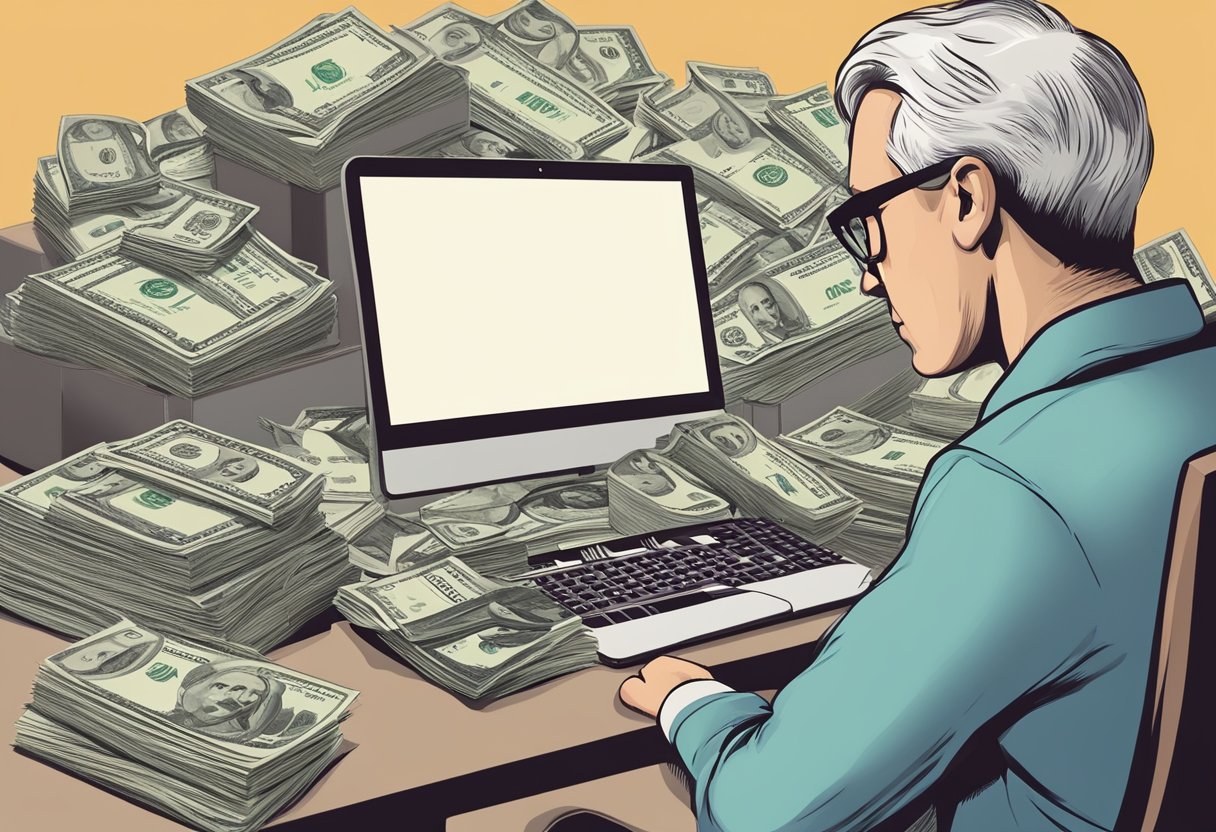 A person pondering over a calculator, with a pile of bills on one side and a retirement savings plan on the other