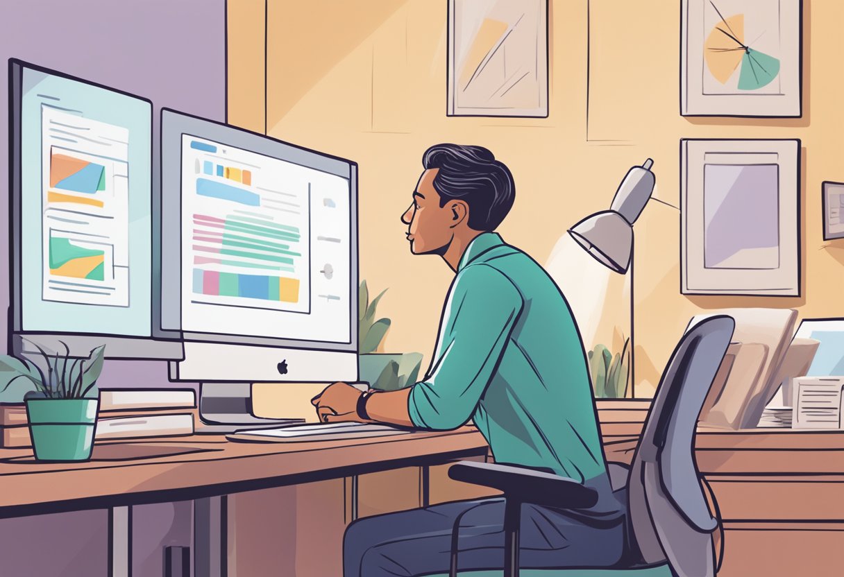 A person sitting at a desk, looking at a computer screen with a 401(k) retirement savings account open, pondering how much to contribute to retire at 55