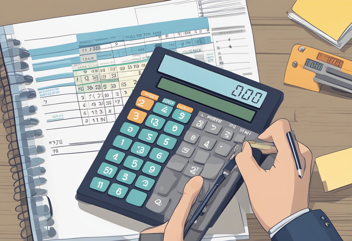 A calculator and a retirement savings chart on a desk. A person's hand inputting numbers