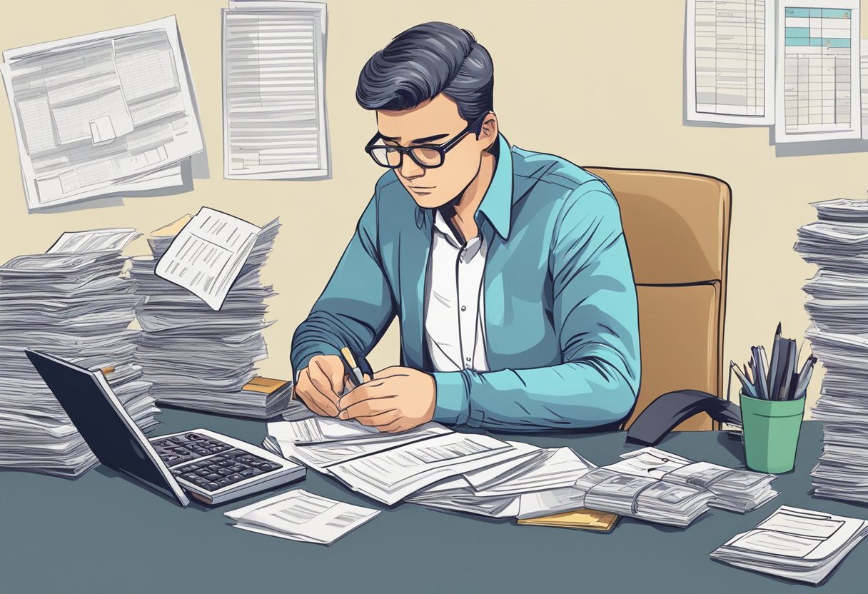 A person sitting at a desk, surrounded by financial documents and a calculator, with a concerned expression on their face