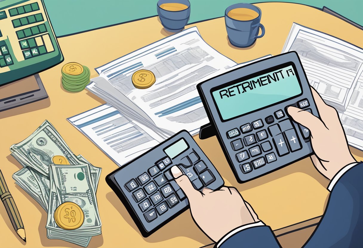 A calculator displaying $600,000, a retirement plan booklet, and a person pondering retirement at age 62