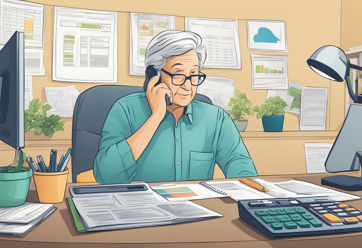A person at a desk with a calculator and financial documents, pondering retirement at age 62 with $600,000. A healthcare brochure and a computer with retirement planning tools are nearby