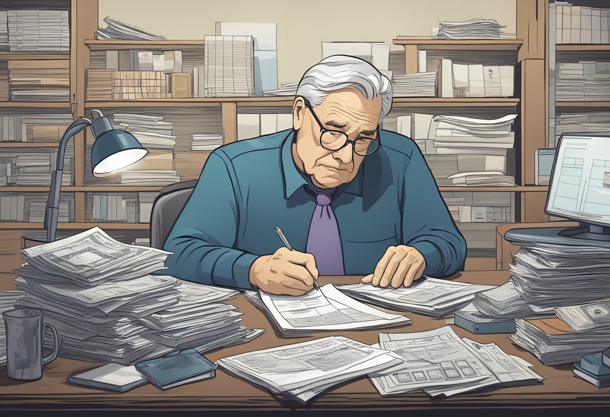 A person sitting at a desk surrounded by financial documents and calculators, with a concerned expression on their face as they contemplate retirement at the age of 62 with $600,000 in savings