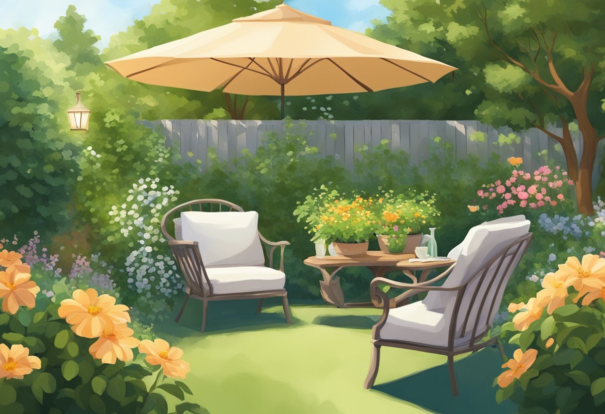 A serene, sunlit garden with a cozy outdoor seating area, surrounded by lush greenery and blooming flowers, evoking a sense of relaxation and contentment