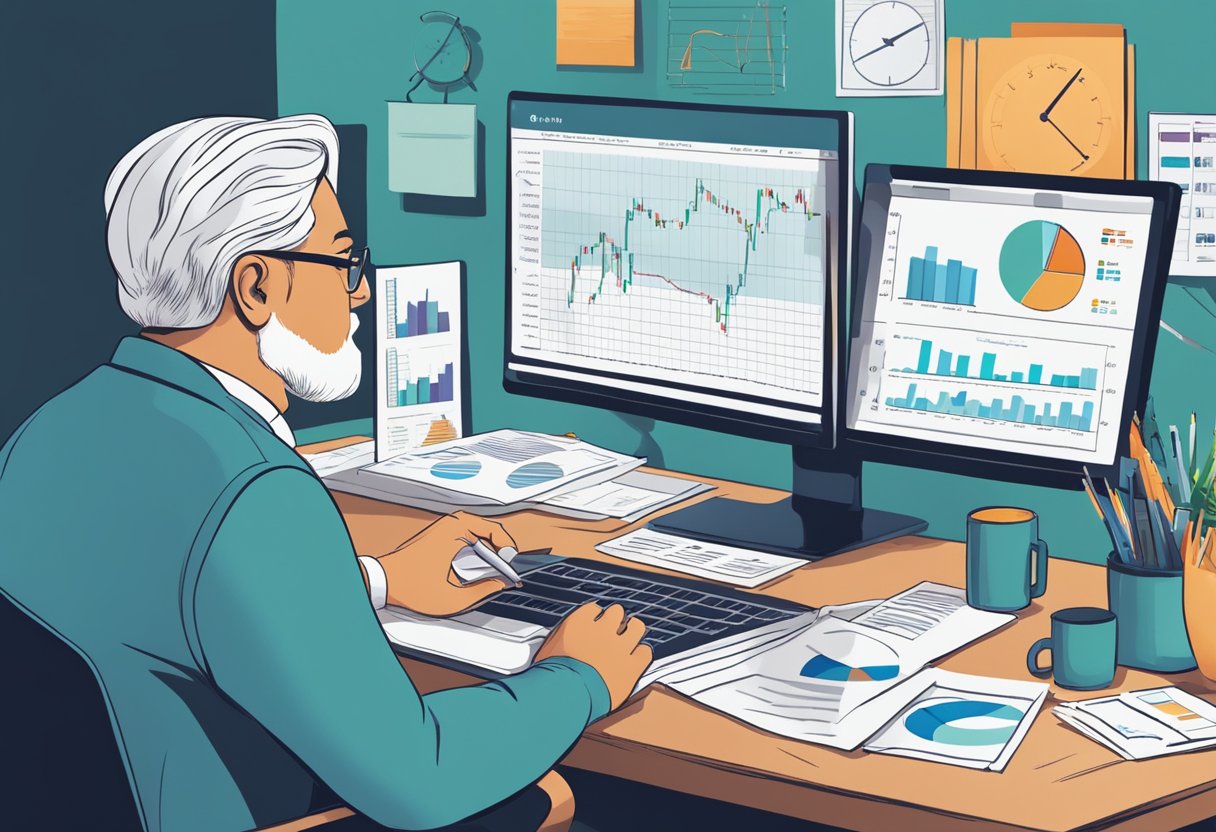 A person sits at a desk, surrounded by charts and graphs. They are analyzing market volatility and risks, while pondering the possibility of retiring at 62 with $600,000