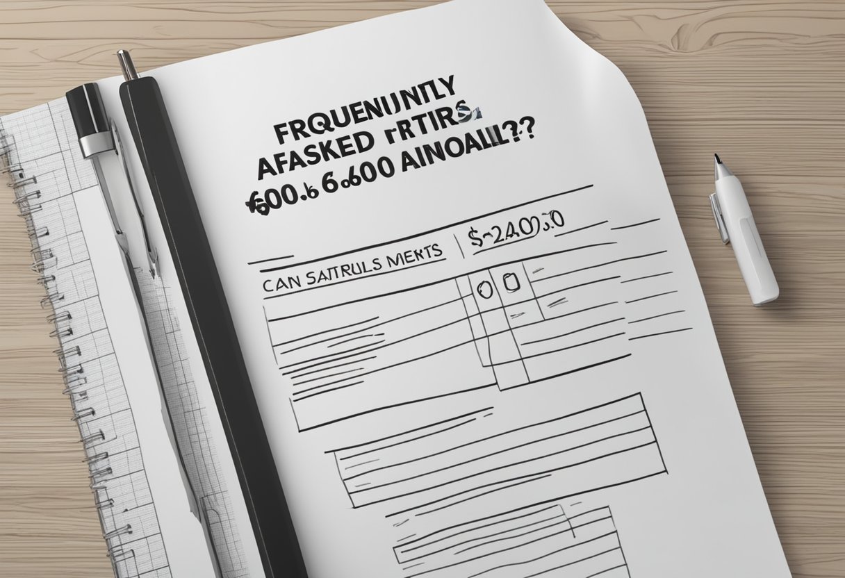 A stack of papers labeled "Frequently Asked Questions" with "Can I retire at 62 with $600,000?" printed on top