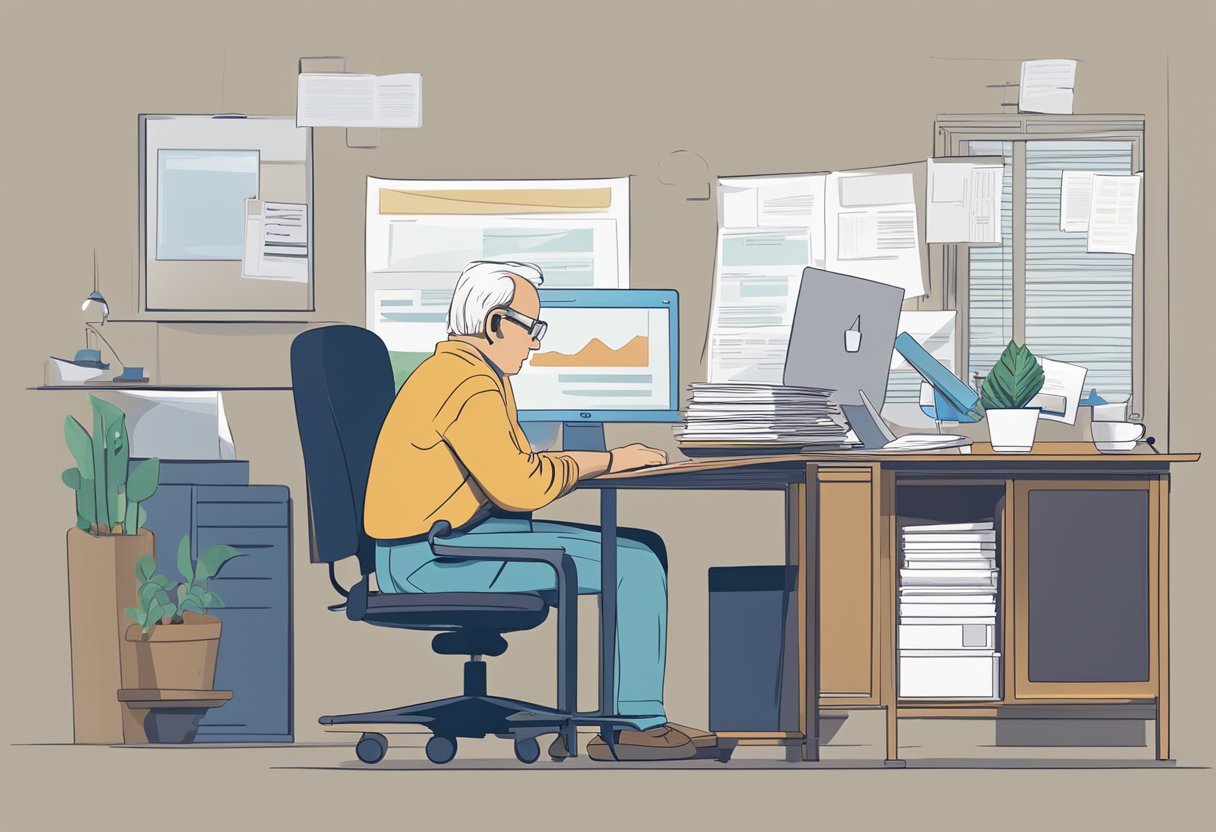 A person sits at a desk, surrounded by papers and a computer, contemplating retirement options. A scale symbolizes the decision between retiring and continuing to work
