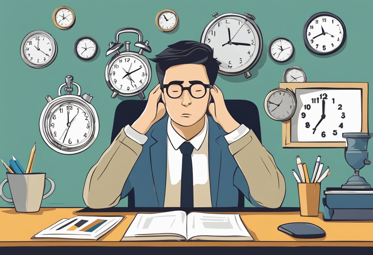A person sits at a desk, torn between a clock showing retirement and a clock showing work. The person's face shows conflicting emotions