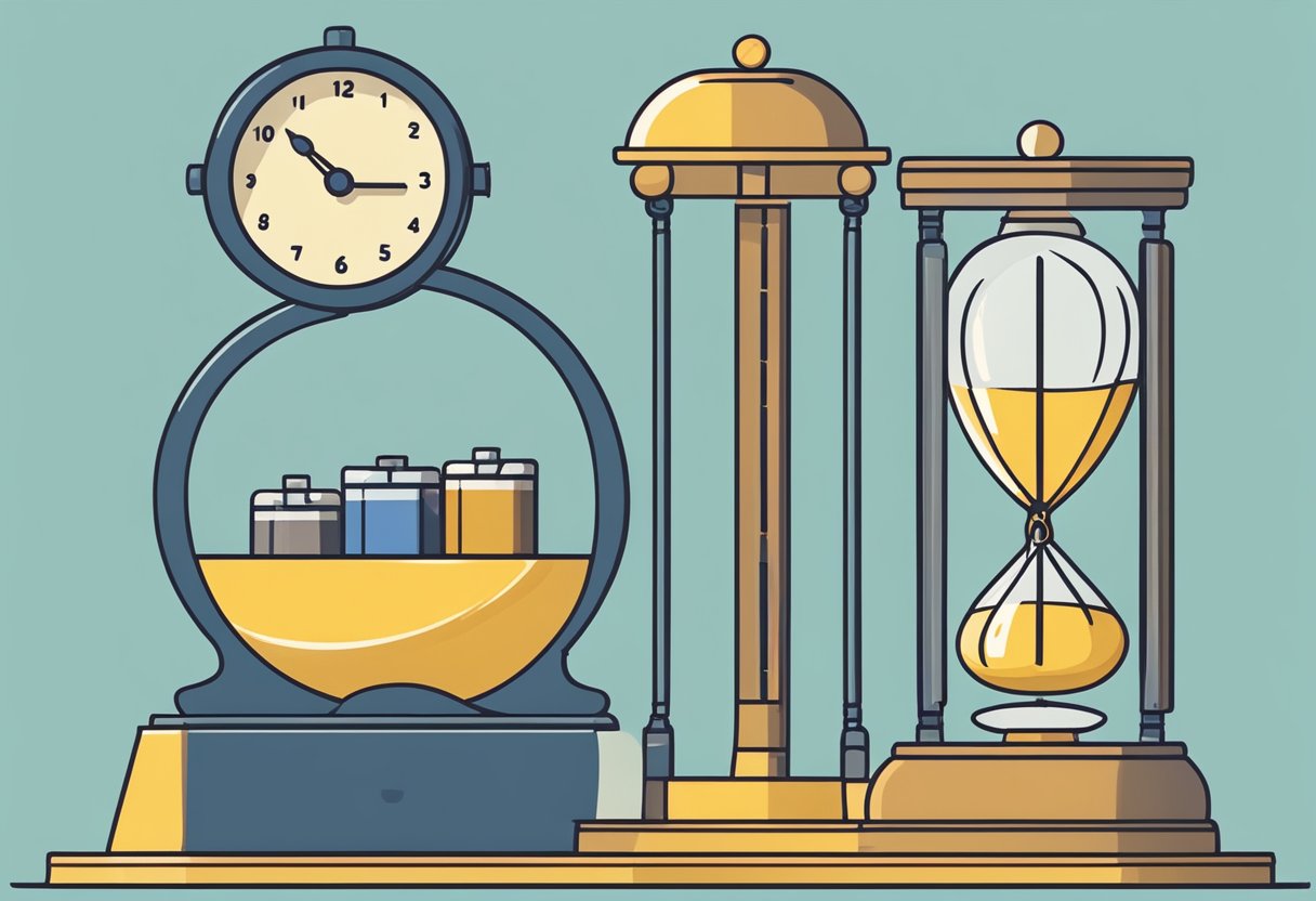 A clock showing retirement age approaching, with a scale weighing retirement options on one side and working on the other