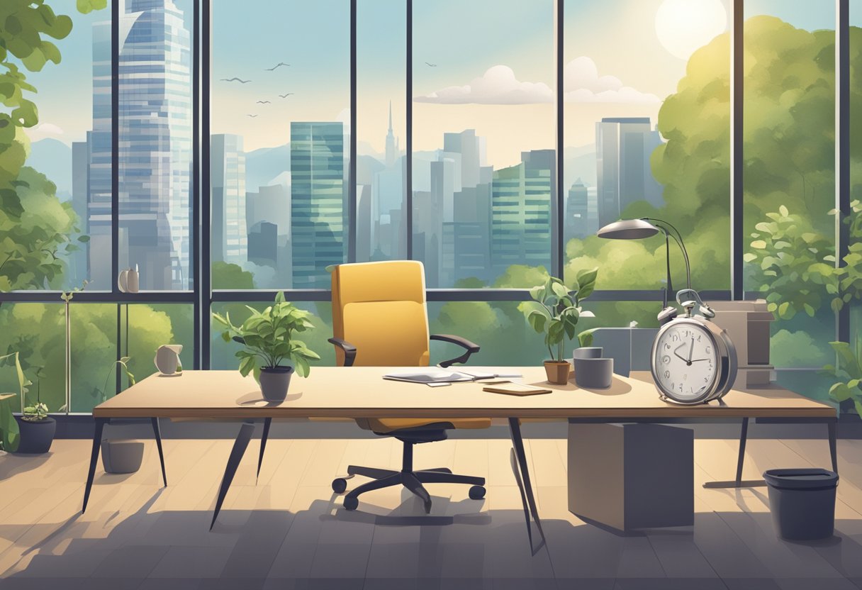 A serene office setting with a clock showing both retirement age and work hours, surrounded by nature and cityscape, suggesting the influence of external factors on the decision to retire or keep working