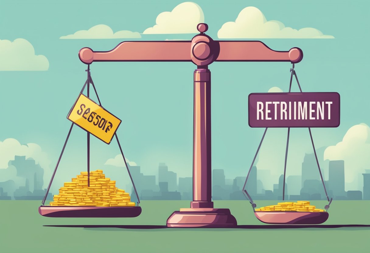 A scale tipping in favor of a retirement sign on one side and a work sign on the other, with a question mark hovering above