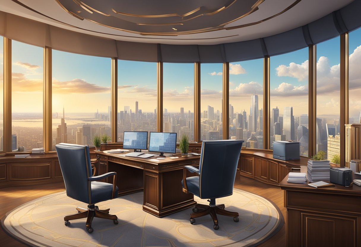 A luxurious office with a grand desk, expensive leather chairs, and a panoramic view of a city skyline. A wall adorned with stock market charts and graphs, symbolizing the ongoing pursuit of wealth in retirement