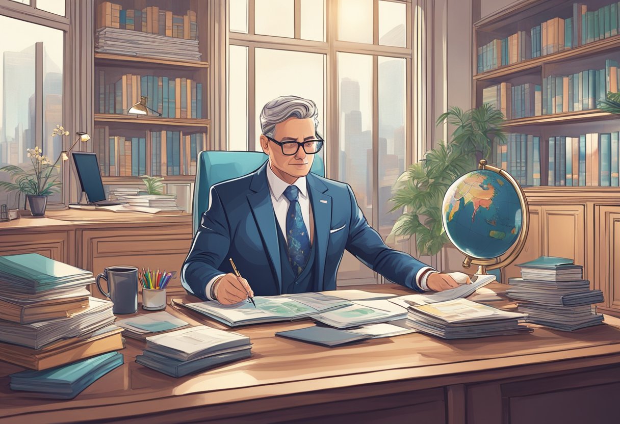 A luxurious office with financial charts and a globe. A wealthy person in a tailored suit works diligently at their desk, surrounded by books on health and retirement planning