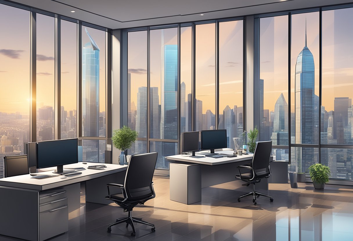 A luxurious office space with modern furniture and a view of a bustling city skyline, with a prominent sign reading "Wealth Management" on the wall
