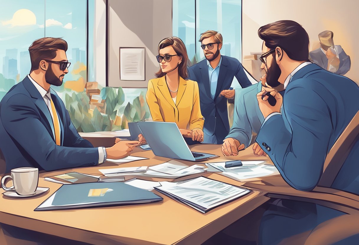 Rich individuals engaged in business meetings, networking events, and financial planning. They are seen making investments, managing assets, and discussing market trends