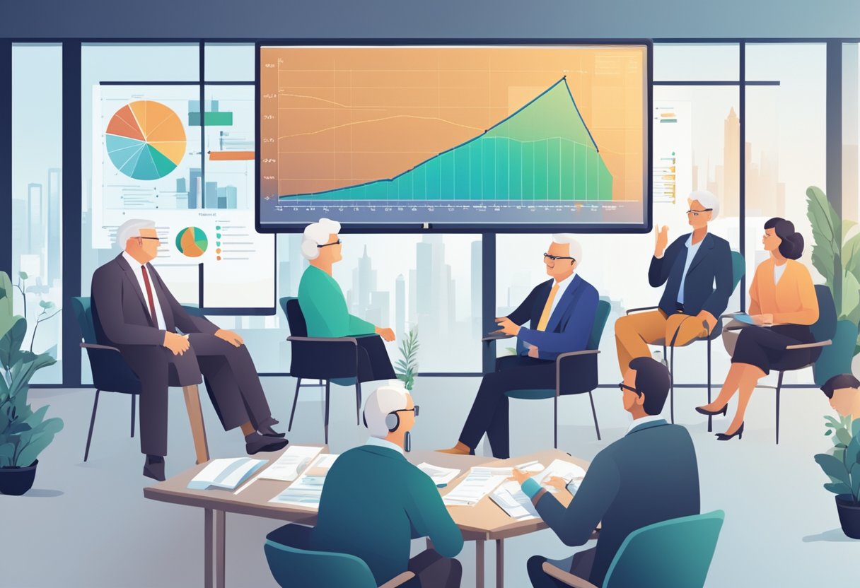 A group of affluent individuals engaged in a lively discussion about retirement options, with charts and graphs displayed on a large screen