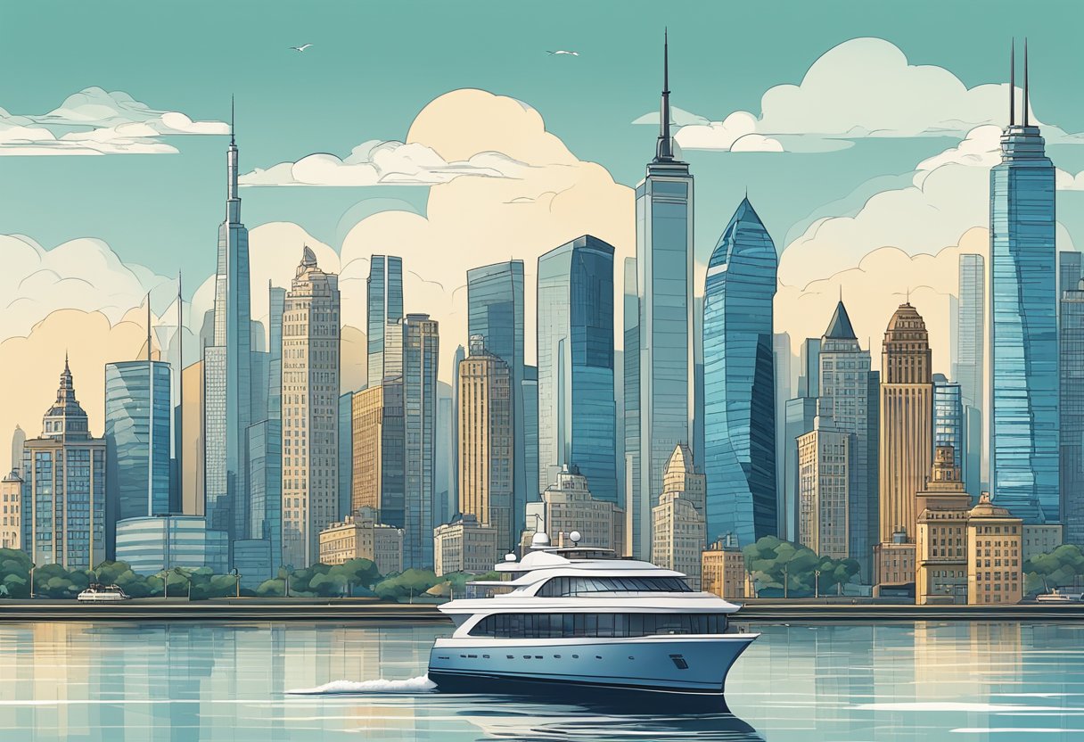A bustling city skyline with a mix of modern skyscrapers and historic buildings. A luxury yacht sailing on a calm ocean, symbolizing wealth and freedom