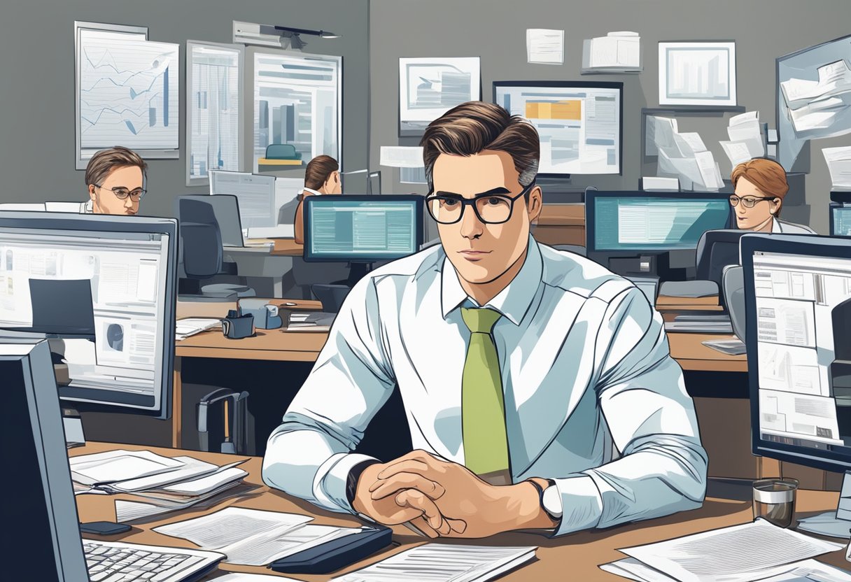 Rich individuals working in an office, surrounded by financial documents and computer screens, with a look of determination and focus on their faces