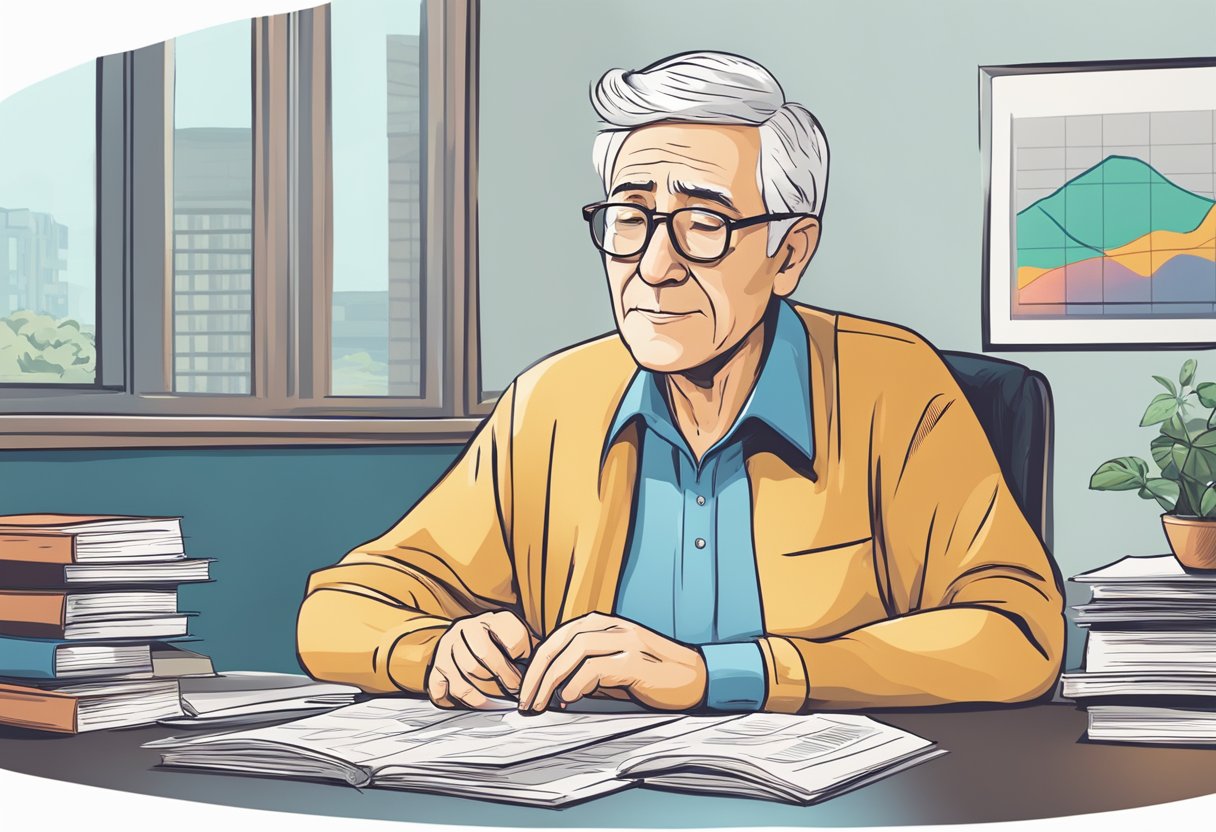 A retired person pondering over their 401k options, with a calculator and financial documents spread out on a table