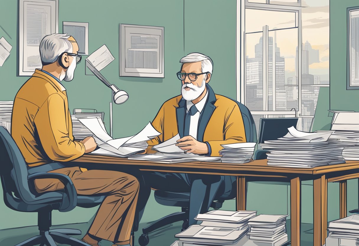 A person sits at a desk with papers and a computer, pondering retirement and their 401k. A financial advisor stands nearby, offering guidance
