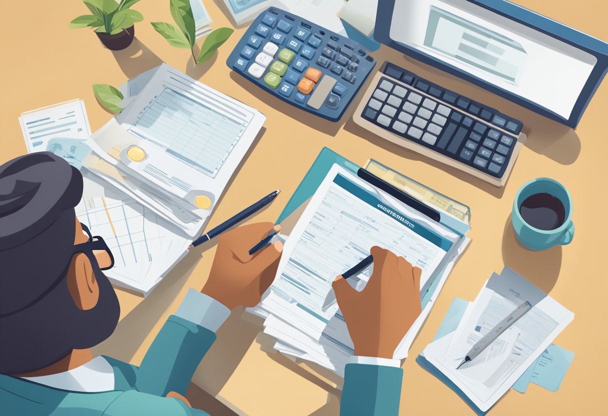 A person sitting at a desk, surrounded by financial documents and a calculator. A retirement savings account statement is open, with a pen poised to make notes