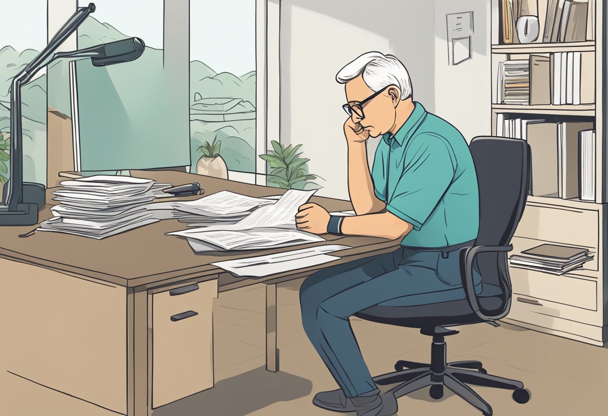 A retiree sitting at a desk, pondering over a document titled "Frequently Asked Questions: Should I Leave My 401k Alone When I Retire?"