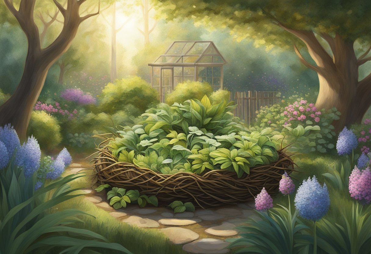 A tranquil, sunlit garden with a diverse array of thriving plants, symbolizing long-term growth and stability. A nest sits nestled among the branches, representing a secure and sustainable financial future