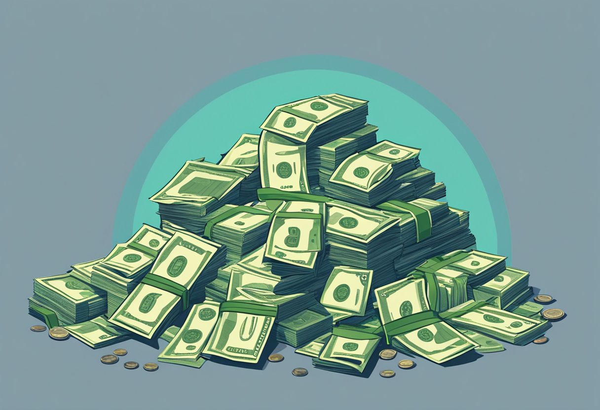 A pile of money representing $15 million, surrounded by various tax forms and documents, with a large arrow pointing downward to symbolize the impact of taxes on retirement savings