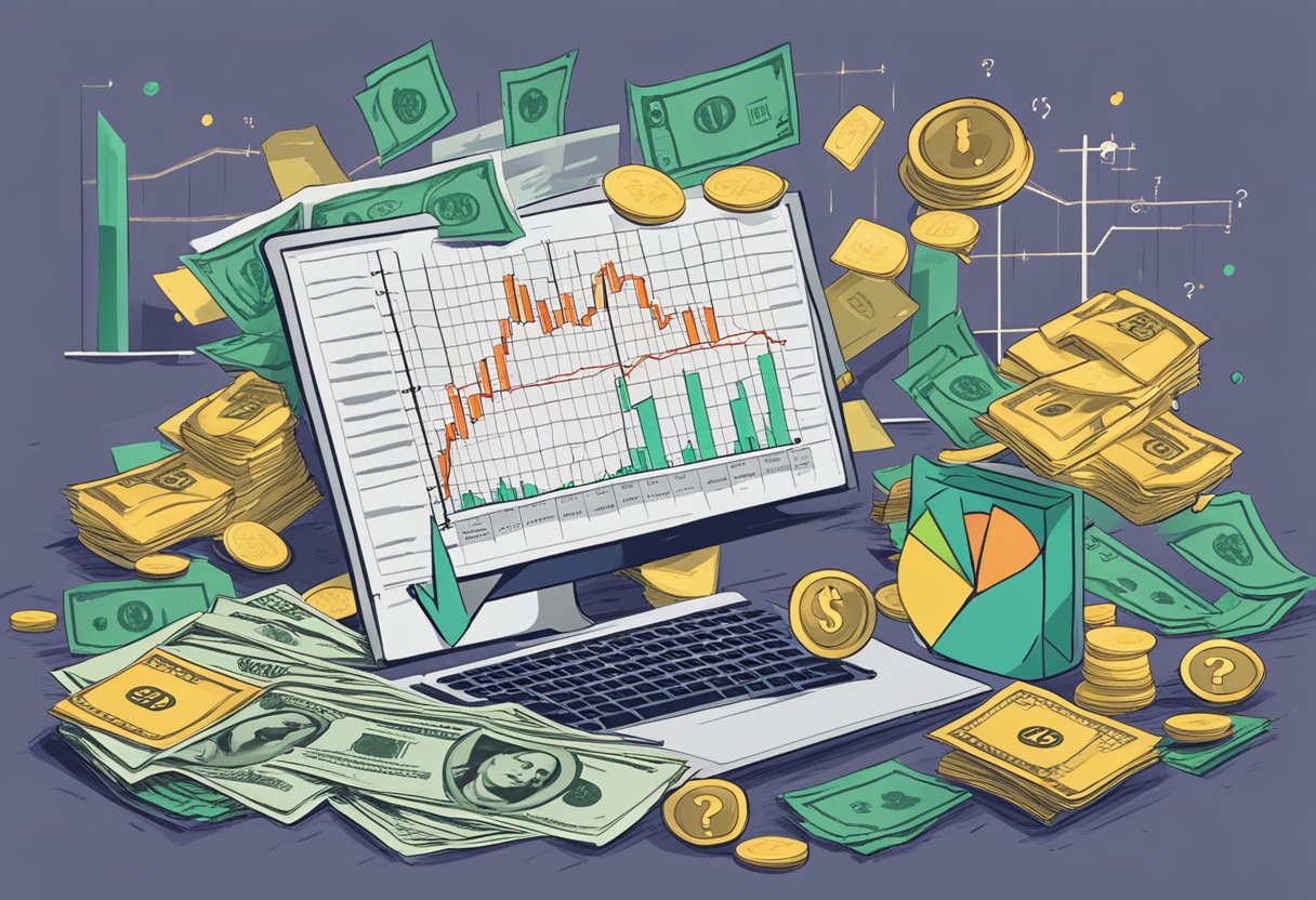 A chaotic stock market with fluctuating graphs and a pile of money totaling $15 million, surrounded by question marks and retirement planning documents