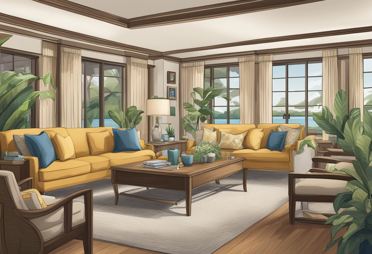 A luxurious retirement scene with a $15 million dollar sign, a comfortable living space, and insurance and long-term care planning materials displayed