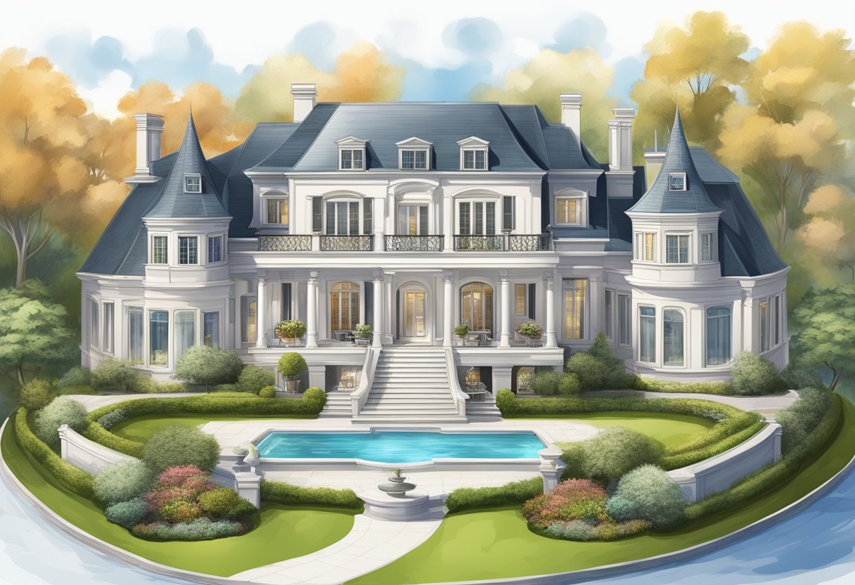 A luxurious mansion with a sprawling estate, a private jet, and a well-stocked investment portfolio, all symbolizing wealth and financial security