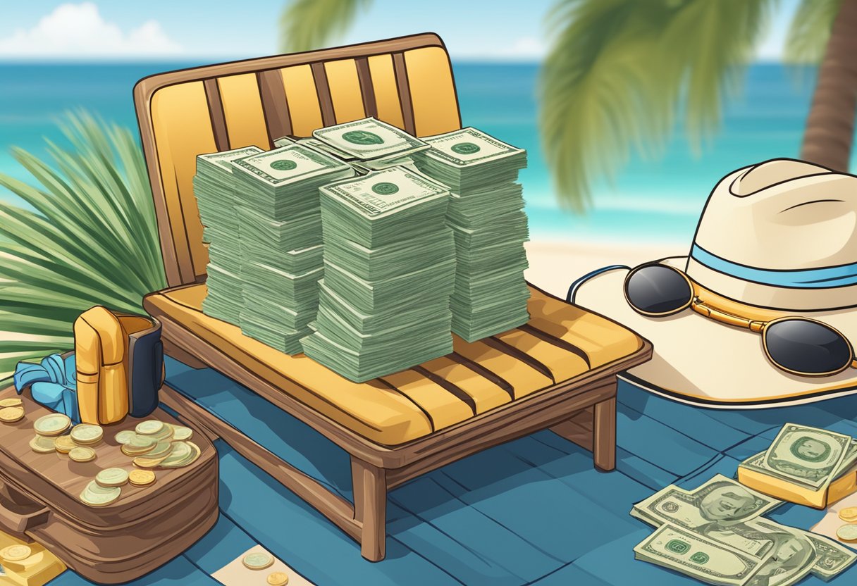 A stack of money totaling $15 million sits on a table, surrounded by comfortable retirement items such as a beach chair, palm tree, and luxury yacht