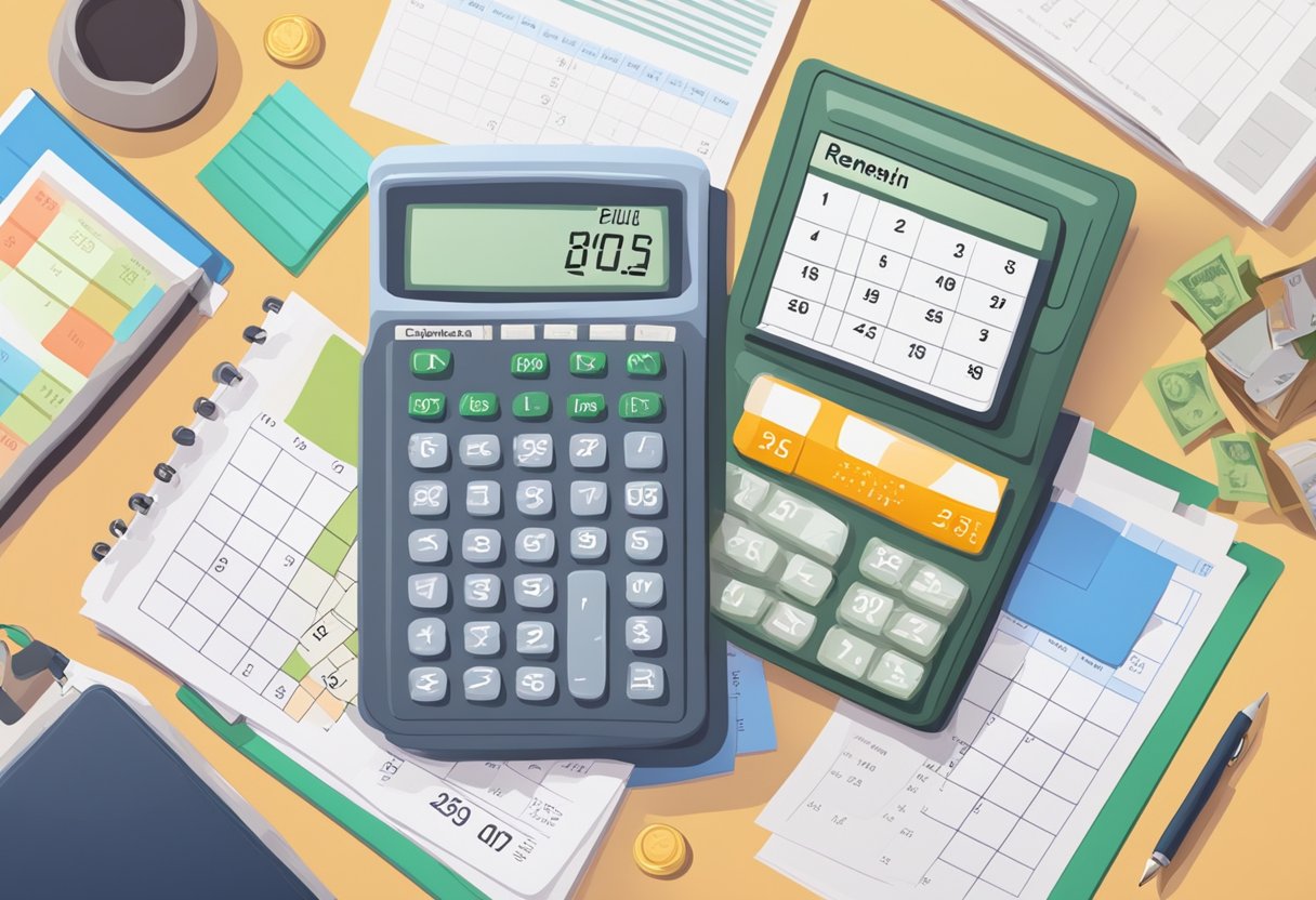 A calculator with retirement savings goal input, a calendar showing current age, and a stack of bills representing future expenses