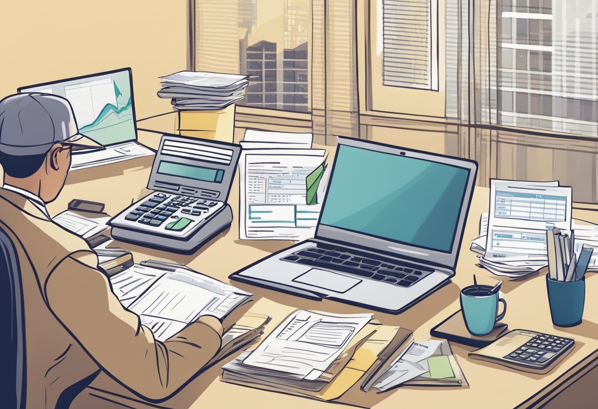 A person calculating retirement funds with a calculator, papers, and a laptop on a desk. Graphs and charts showing income sources and social security