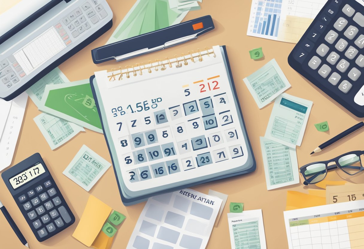 A calculator, financial documents, and a retirement savings plan spread out on a desk. A calendar with the date of the retirement circled in red