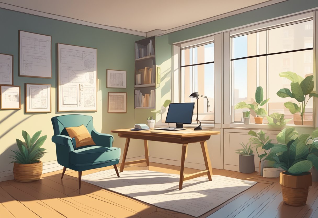 A serene, sunlit room with a cozy armchair, a desk with a laptop and financial documents, and a wall adorned with retirement investment charts and graphs
