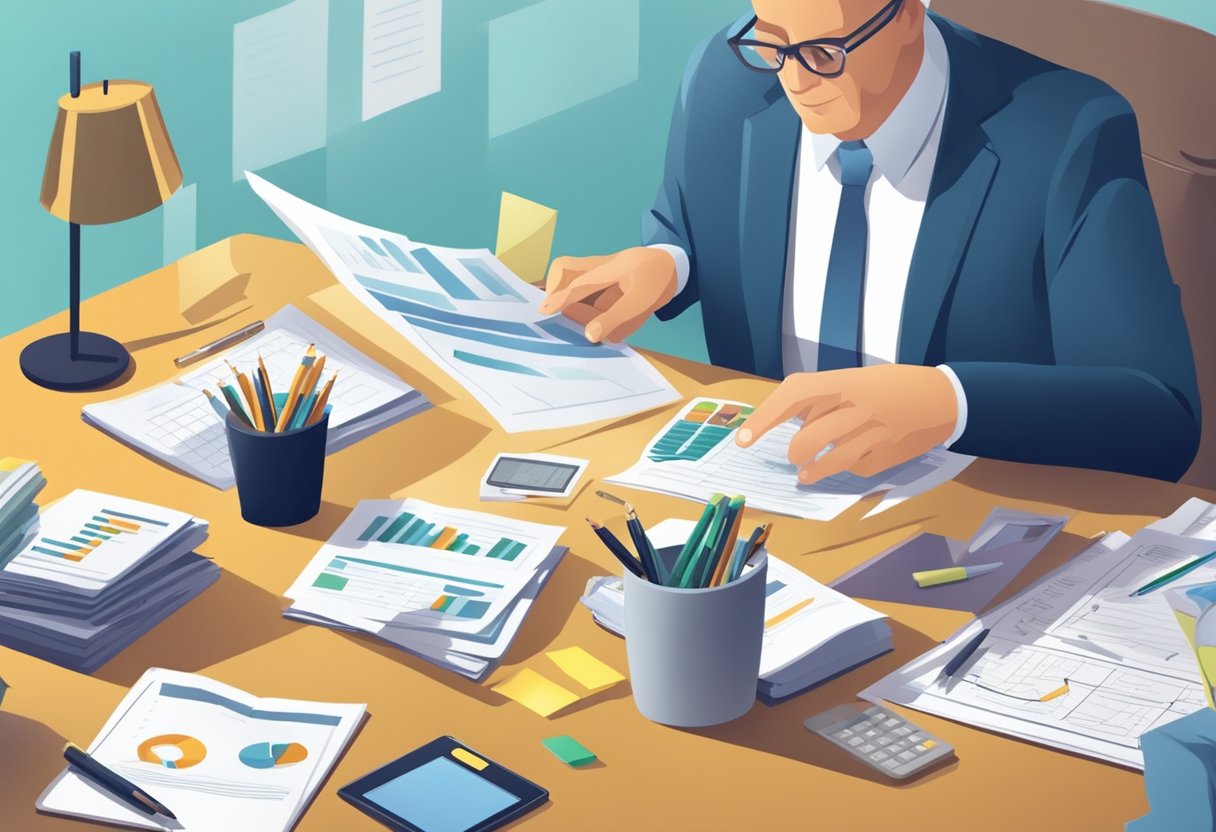 A person calculating retirement funds with a financial advisor. Tables, charts, and calculators are scattered on the desk. The advisor gestures confidently