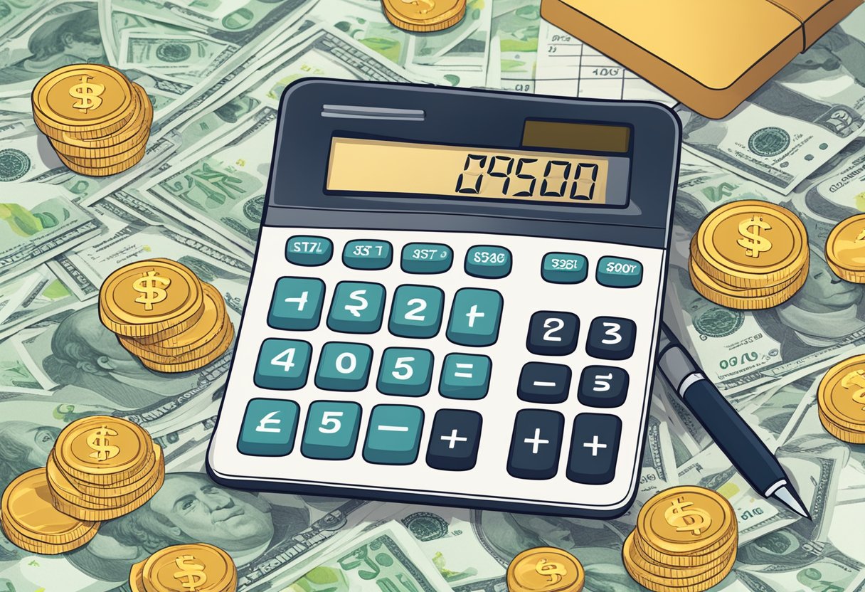 A calculator with retirement age set to 55, surrounded by financial charts and graphs, with a pile of money representing the desired retirement savings