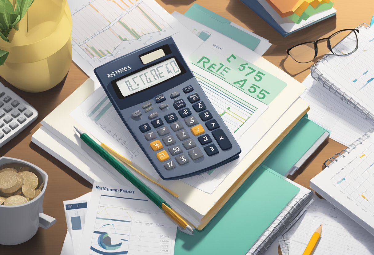 A calculator and retirement savings chart sit on a desk, with the words "Retire at 55" highlighted. A stack of financial planning books is nearby