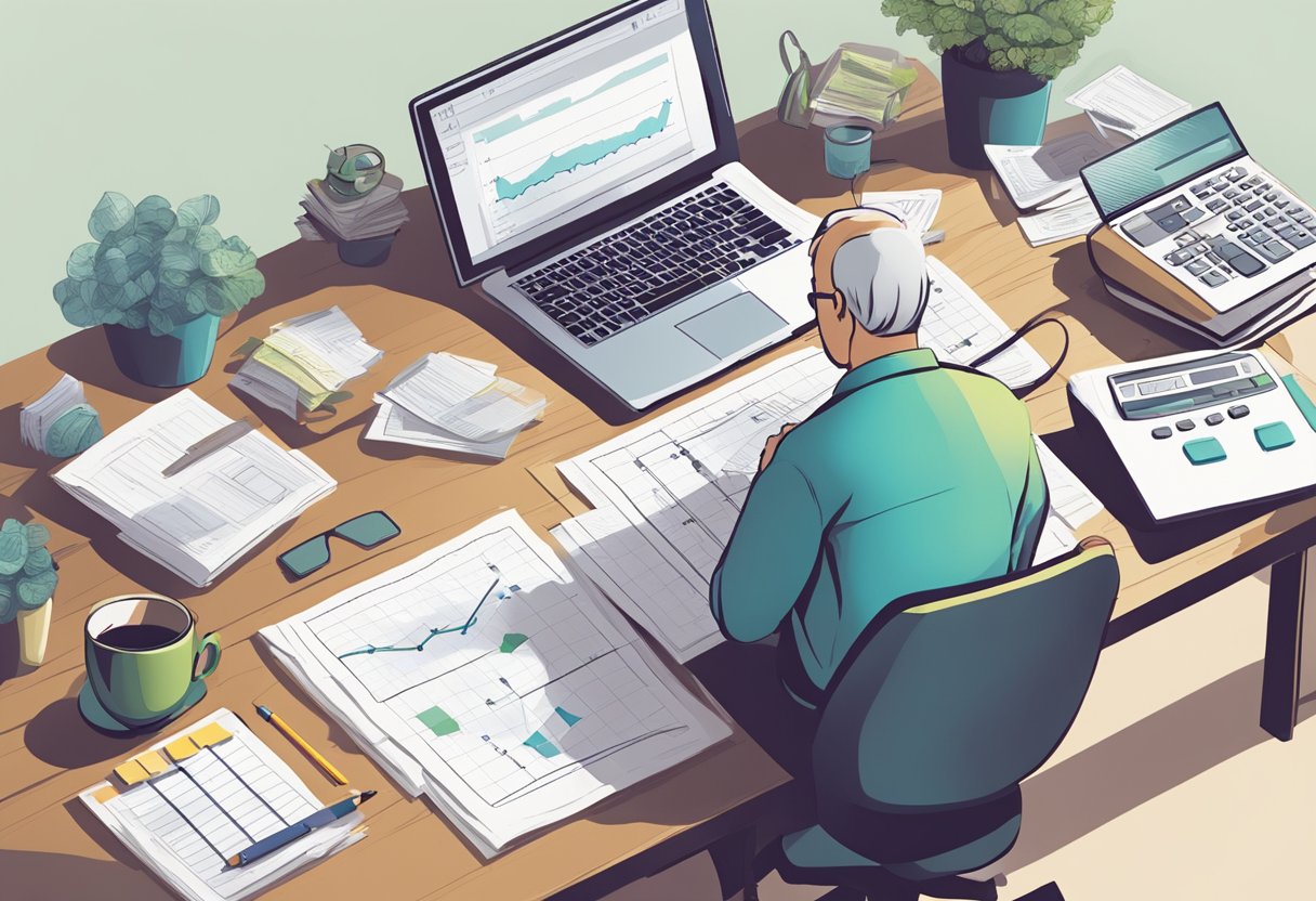 A table with scattered papers, calculator, and laptop. A chart showing common retirement mistakes. A person deep in thought