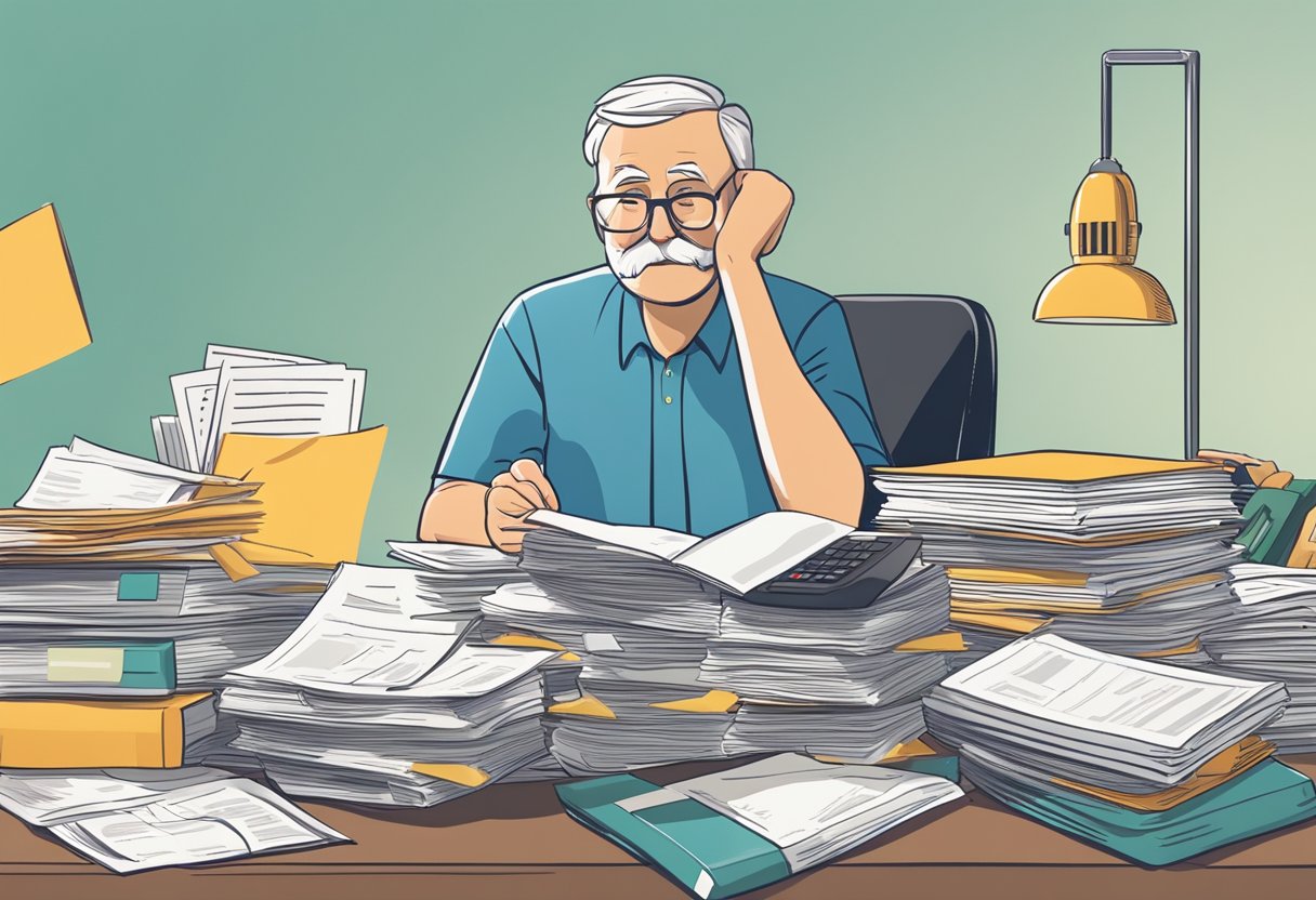 A pile of financial documents and retirement planning books scattered on a desk, with a calculator and a worried expression on a faceless figure in the background