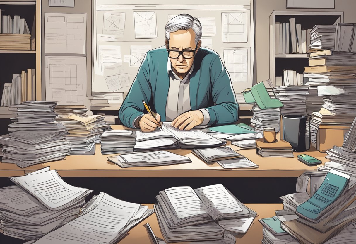A cluttered desk with financial documents, a calendar, and retirement planning books. A person looking stressed while making notes and highlighting important information